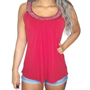 BCX Red Dressy Stretchy Flowy Scoop Neck Sequin Keyhole Back Tank Top Sz M